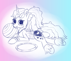 Size: 1430x1218 | Tagged: safe, artist:plushcolossus, princess luna, alicorn, pony, between dark and dawn, 80s princess luna, alternate hairstyle, bracelet, female, jewelry, leg warmers, looking at you, mare, yoga ball