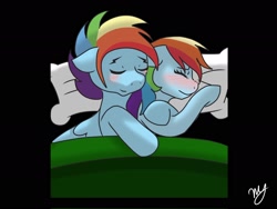 Size: 2048x1536 | Tagged: safe, artist:littleovertures, rainbow blitz, rainbow dash, pegasus, pony, dashblitz, female, half r63 shipping, male, rule 63, self ponidox, selfcest, shipping, sleeping, snuggling, straight