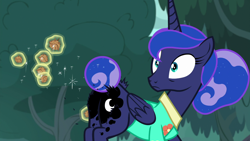 Size: 1920x1080 | Tagged: safe, screencap, princess luna, alicorn, pony, between dark and dawn, alternate hairstyle, bags under eyes, burdock, burrs, butt, clothes, female, folded wings, fur, hawaiian shirt, literal butthurt, magic, magic aura, mare, moonbutt, offscreen character, ouch, pain, plot, ponytail, shirt, solo, surprised, telekinesis, wide eyes, wings