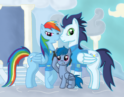 Size: 828x650 | Tagged: safe, artist:ajfive, rainbow dash, soarin', oc, pegasus, pony, family, female, male, offspring, parent:rainbow dash, parent:soarin', parents:soarindash, shipping, soarindash, straight