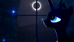 Size: 3840x2160 | Tagged: safe, artist:twilighlot, princess luna, alicorn, pony, 3d, darkness, eclipse, moon, night, solo, window