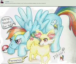 Size: 2237x1890 | Tagged: safe, artist:rainbowdashzpegasus, rainbow dash, pegasus, pony, crossover, fennekin, pokéball, pokémon, pokémon x and y, speech bubble, text, traditional art