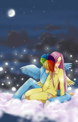 Size: 800x1245 | Tagged: safe, artist:seismopac, fluttershy, rainbow dash, human, blushing, female, flutterdash, humanized, lesbian, shipping, winged humanization