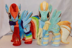 Size: 800x533 | Tagged: safe, artist:karasunezumi, lightning dust, rainbow dash, clothes, irl, photo, plushie, rainbow socks, scarf, socks, striped socks