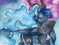 Size: 1029x781 | Tagged: safe, artist:pingwinowa, princess luna, alicorn, pony, blushing, clothes, ear piercing, earring, fan, female, hand fan, jewelry, kimono (clothing), lidded eyes, looking at you, mare, paper fan, piercing, solo, traditional art, watercolor painting