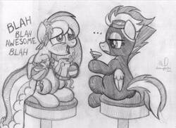 Size: 3300x2406 | Tagged: safe, artist:drawponies, rainbow dash, spitfire, pegasus, pony, ..., awesome, blah, bored, cider, clothes, dress, drunk, drunker dash, gala dress, martini, monochrome, traditional art, unimpressed