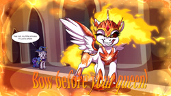 Size: 3840x2160 | Tagged: safe, artist:lupiarts, daybreaker, princess luna, star swirl the bearded, alicorn, pony, castle of the royal pony sisters, commission, evil grin, female, filly, fire, grin, hoof shoes, it's a phase, majestic as fuck, mane of fire, scared, sharp teeth, smiling, speech bubble, teeth, woona, younger