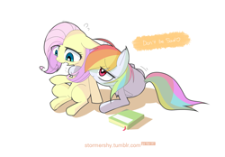 Size: 2300x1600 | Tagged: safe, artist:aurura, fluttershy, rainbow dash, pegasus, pony, bedroom eyes, book, comforting, female, flutterdash, hug, lesbian, open mouth, pixiv, sad, shipping, smiling