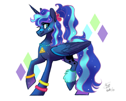 Size: 2500x2000 | Tagged: safe, artist:eeviart, princess luna, alicorn, pony, between dark and dawn, 80s, 80s princess luna, abstract background, alternate hairstyle, cute, female, jewelry, lunabetes, mare, necklace, ponytail, profile, simple background, smiling, solo, white background