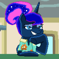 Size: 3948x3948 | Tagged: safe, artist:superhypersonic2000, princess luna, alicorn, pony, between dark and dawn, clothes, cute, grin, hair bun, hawaiian shirt, hoof on chin, lidded eyes, lunabetes, pixel art, post office, scene interpretation, shirt, smiling, solo