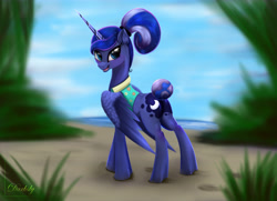 Size: 6300x4550 | Tagged: safe, artist:darksly, princess luna, alicorn, pony, between dark and dawn, beach, butt, clothes, female, looking back, mare, ocean, plot, ponytail, shirt, sky, smiling, tail bun, wings