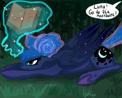 Size: 1024x820 | Tagged: safe, artist:exbesh, princess luna, alicorn, pony, between dark and dawn, book, glowing horn, grumpy, horn, implied princess celestia, magic, offscreen character, prone, solo, speech bubble, telekinesis