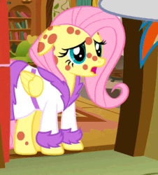 Size: 500x554 | Tagged: safe, screencap, fluttershy, rainbow dash, pegasus, pony, hurricane fluttershy, animated, animation error, bathrobe, clothes, cropped, cute, fluttershy's cottage, offscreen character, pony pox, robe, shyabetes, solo focus