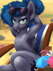 Size: 3000x4000 | Tagged: safe, artist:blackligerth, princess luna, alicorn, pony, semi-anthro, between dark and dawn, alternate hairstyle, armpits, beach, bedroom eyes, constellation, cute, female, looking at you, luna sunbathing, lunabetes, mare, solo, sunglasses