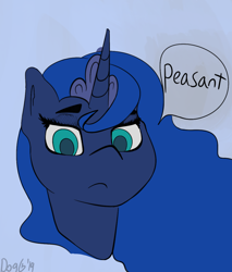 Size: 970x1140 | Tagged: safe, artist:dog giraffe, princess luna, alicorn, pony, bust, context, dialogue, disembodied head, no catchlights, peasant, portrait, solo, speech bubble