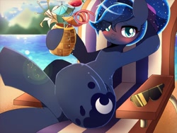 Size: 1024x768 | Tagged: safe, artist:erufi, princess luna, alicorn, pony, between dark and dawn, alternate hairstyle, blushing, crossed legs, cute, drink, drinking straw, eye clipping through hair, female, food, looking at you, lunabetes, mare, pineapple, scene interpretation, smiling, solo, straw, sunglasses, we don't normally wear clothes