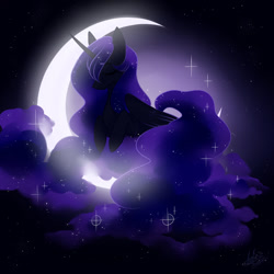 Size: 1280x1280 | Tagged: safe, artist:acediashouse, princess luna, alicorn, pony, crescent moon, ethereal mane, eyes closed, female, mare, moon, night, solo, starry mane, tangible heavenly object