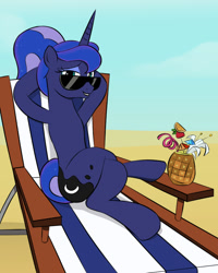 Size: 800x1000 | Tagged: safe, artist:mew-me, princess luna, alicorn, pony, between dark and dawn, alternate hairstyle, crossed legs, cute, drink, food, looking at you, lounge chair, lunabetes, pineapple, solo, straw, sunglasses