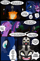 Size: 1800x2740 | Tagged: safe, artist:chedx, princess luna, twilight sparkle, twilight sparkle (alicorn), oc, oc:fallenlight, alicorn, pony, unicorn, comic:curse and madness, armor, cloak, clothes, comic, mlpcam, night, text, text bubbles