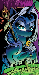 Size: 735x1405 | Tagged: safe, idw, princess luna, alicorn, pony, spoiler:comic, cauldron, clothes, costume, hoof shoes, solo, witch