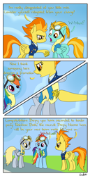 Size: 657x1278 | Tagged: safe, artist:drakxs, derpy hooves, lightning dust, rainbow dash, spitfire, pegasus, pony, wonderbolts academy, clothes, comic, female, mare, scrunchy face, suit, trace, wonderbolt trainee uniform, wonderbolts