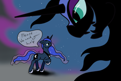 Size: 3000x2000 | Tagged: safe, artist:tunrae, nightmare moon, princess luna, alicorn, pony, atg 2019, newbie artist training grounds, simple background, size difference, speech bubble