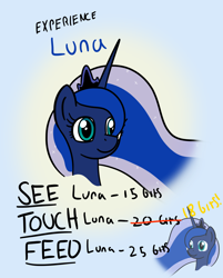 Size: 2220x2756 | Tagged: safe, artist:czu, princess luna, alicorn, pony, blue background, bust, cute, female, gradient background, lunabetes, mare, meme, ponified, ponified meme, poster, simple background, smiling, solo, text