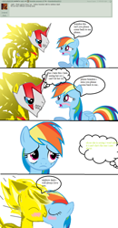 Size: 644x1241 | Tagged: safe, rainbow dash, oc, alicorn, pegasus, pony, pony creator, alicorn oc, ask, blushing, canon x oc, comic, crying, donut steel, duo, eww, female, kissing, male, mask, ms paint, ohgodwhat, straight, text, wat, why