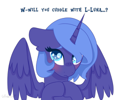 Size: 2500x2000 | Tagged: safe, artist:wingcut, derpibooru exclusive, princess luna, alicorn, pony, blushing, bronybait, cute, dialogue, ear fluff, female, filly, floppy ears, horn, hug request, looking at you, lunabetes, s1 luna, short hair, shy, simple background, solo, text, transparent background, wings, woona, younger