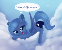Size: 1703x1379 | Tagged: safe, artist:dusthiel, princess luna, alicorn, pony, atg 2019, bedroom eyes, bronybait, cloud, cute, dialogue, face down ass up, female, filly, laying on cloud, leg fluff, looking at you, lunabetes, mare, moonbutt, newbie artist training grounds, praise the moon, s1 luna, smiling, solo, speech bubble, woona, younger