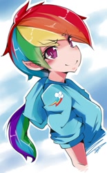 Size: 697x1127 | Tagged: safe, artist:hua, rainbow dash, human, elf ears, humanized, ponytail, solo