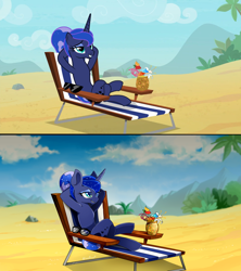 Size: 1364x1536 | Tagged: safe, artist:skyeypony, screencap, princess luna, alicorn, pony, between dark and dawn, alternate hairstyle, barehoof, beach, beach chair, crossed legs, eyeshadow, female, folded wings, hair bun, hooves behind head, lidded eyes, magic, makeup, mare, missing accessory, open mouth, reclining, relaxing, scene interpretation, solo, stupid sexy princess luna, sunglasses, telekinesis, we don't normally wear clothes, wings