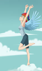 Size: 800x1335 | Tagged: safe, artist:seismopac, rainbow dash, human, armpits, barefoot, clothes, cloud, cloudy, feet, humanized, solo, stretching, tanktop, winged humanization