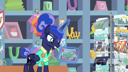 Size: 1920x1080 | Tagged: safe, screencap, princess luna, alicorn, pony, between dark and dawn, beautiful, clothes, cute, eyeshadow, female, folded wings, glowing horn, grin, hair bun, hawaiian shirt, horn, looking down, lotta little things, magic, magic aura, makeup, mare, post card, postcard, shirt, smiling, solo, tail bun, vacation, wings