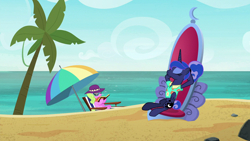 Size: 1920x1080 | Tagged: safe, screencap, daisy, flower wishes, princess luna, alicorn, pony, between dark and dawn, beach, clothes, lotta little things, shirt, throne