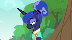 Size: 1920x1080 | Tagged: safe, screencap, princess luna, alicorn, pony, between dark and dawn, alternate hairstyle, beautiful, clothes, eyeshadow, female, frown, hair bun, hawaiian shirt, lidded eyes, looking down, lotta little things, makeup, mare, shirt, solo, tired, vacation