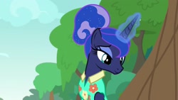 Size: 1920x1080 | Tagged: safe, screencap, princess luna, alicorn, pony, between dark and dawn, beautiful, clothes, eyeshadow, female, folded wings, glowing horn, hair bun, hawaiian shirt, horn, looking down, lotta little things, magic, makeup, mare, shirt, smiling, solo, wings