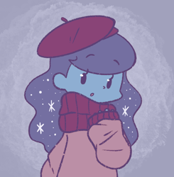 Size: 634x648 | Tagged: safe, artist:typhwosion, princess luna, human, :o, beady eyes, beret, blue background, clothes, cute, female, hat, humanized, looking at you, lunabetes, open mouth, scarf, solo, sweater