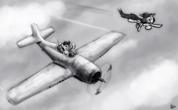 Size: 900x556 | Tagged: safe, artist:sevoohypred, rainbow dash, scootaloo, pegasus, pony, flying, monochrome, plane, scootaloo can fly, scootalove