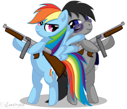 Size: 1114x959 | Tagged: safe, artist:sandra626, rainbow dash, oc, oc:crossfire, earth pony, pegasus, pony, commission, gun, tommy gun