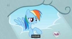 Size: 573x308 | Tagged: safe, screencap, rainbow dash, pegasus, pony, the ticket master, cloud, cloudy, doctorate, ei, hub logo, light, meme, rain, raincloud, solo, sunshine, weather, youtube caption