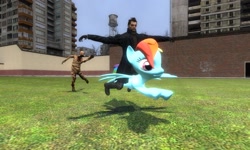 Size: 1280x768 | Tagged: safe, artist:jennilah, rainbow dash, pegasus, pony, 3d, adam jensen, amnesia the dark descent, crossover, deus ex, deus ex: human revolution, gmod, mr. face, riding, wat