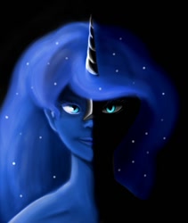 Size: 900x1064 | Tagged: safe, artist:kira-minami, nightmare moon, princess luna, human, black background, bust, duality, humanized, looking at you, pony coloring, portrait, simple background, solo