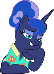 Size: 3618x5000 | Tagged: safe, artist:dashiesparkle, princess luna, alicorn, pony, between dark and dawn, .svg available, absurd resolution, alternate hairstyle, bedroom eyes, clothes, female, hawaiian shirt, mare, shirt, simple background, smiling, transparent background, underhoof, vector