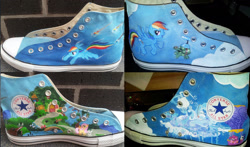 Size: 1701x1000 | Tagged: safe, artist:gamergirl84244, fluttershy, rainbow dash, tank, pegasus, pony, chuck taylor, clothes, cloudsdale, converse, custom, shoes