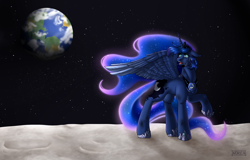 Size: 2340x1500 | Tagged: safe, artist:norica-official, princess luna, alicorn, pony, earth, female, looking back, mare, moon, solo