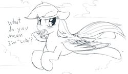 Size: 1000x581 | Tagged: safe, artist:mewball, rainbow dash, pegasus, pony, blushing, dialogue, female, flying, grayscale, simple background, solo, tsundere, white background