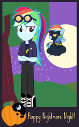 Size: 560x900 | Tagged: safe, artist:dm29, rainbow dash, equestria girls, clothes, cloud, costume, crossed arms, duo, filly, goggles, human ponidox, nightmare night, pony pet, shadowbolt dash, shadowbolts costume