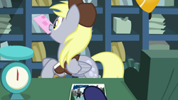 Size: 1920x1080 | Tagged: safe, screencap, derpy hooves, princess luna, alicorn, pegasus, pony, between dark and dawn, clock, clothes, female, hat, letter, letter-balance, mail, mailmare hat, mare, post office, solo, uniform