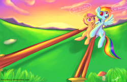 Size: 1024x663 | Tagged: safe, artist:katurkeyg, rainbow dash, scootaloo, pegasus, pony, slingshot, sunrise, this will end in tears